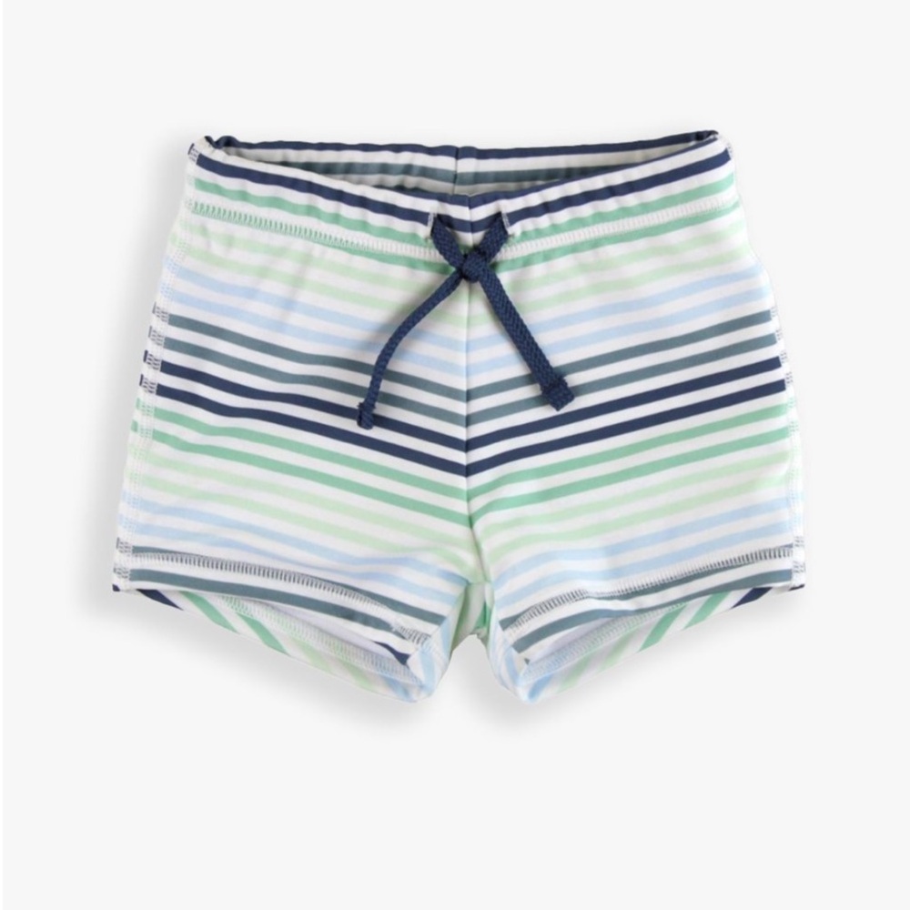 Blue and Green Striped Swim Shorts with Elastic Waistband